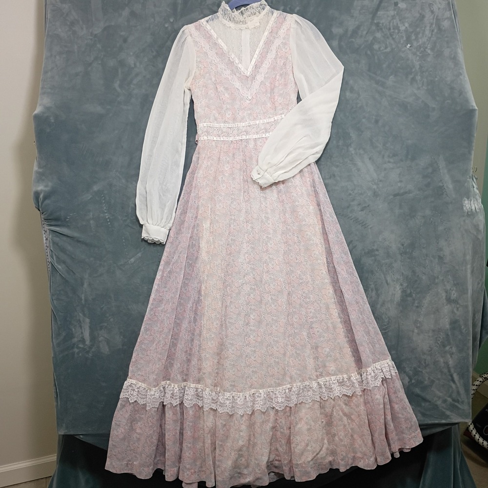 Vintage Gunne Sax Jessica San Francisco Floral Lace Maxi Dress Pink Purple 5